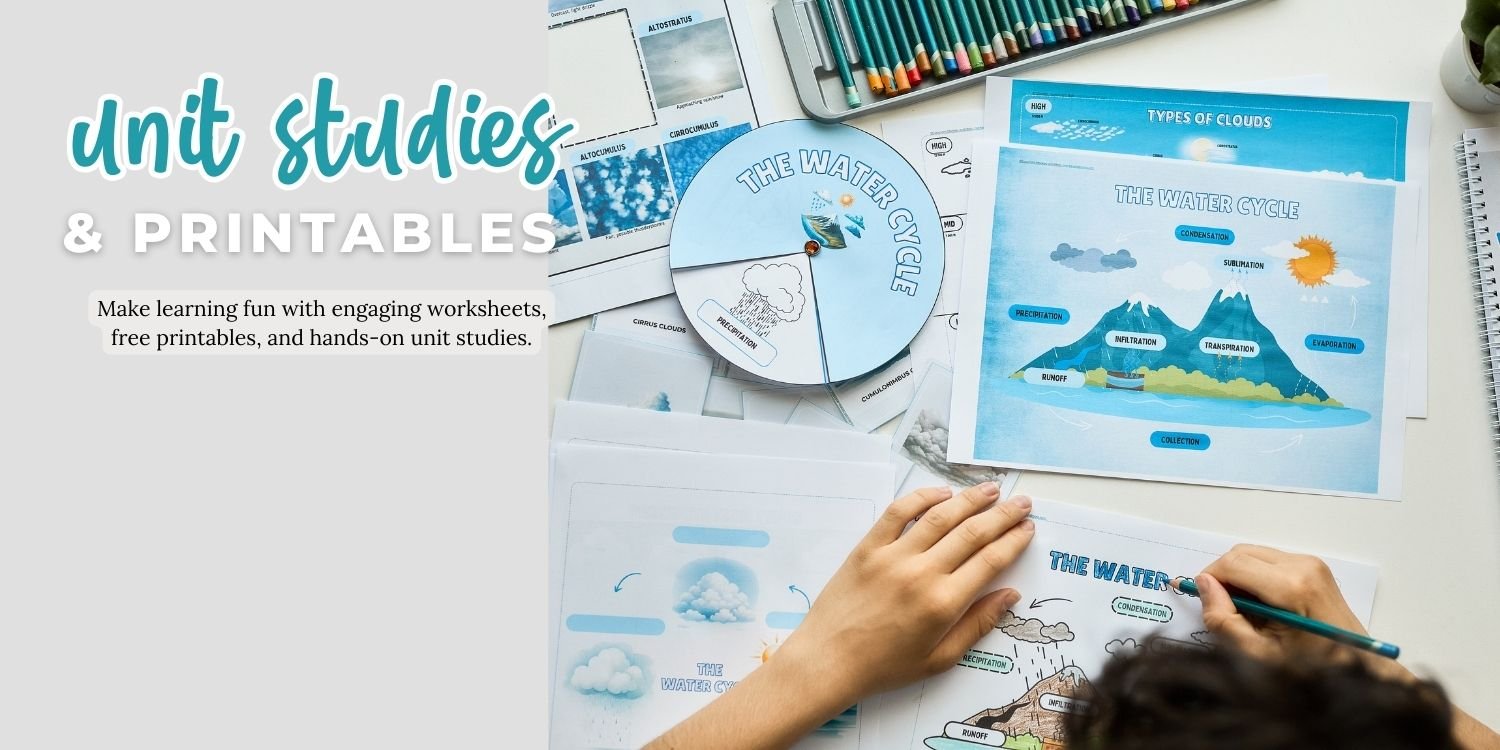 Hands-on homeschool printables and unit studies featuring a water cycle worksheet for interactive learning.